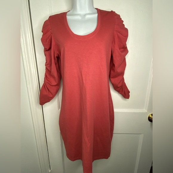 Sundry Anthropology NWT Rust Sheath Dress with Ruched Puff Sleeves - Picture 2 of 8